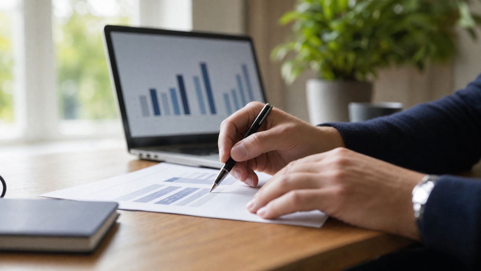 A reviewer marking figures on a printed report beside a laptop chart