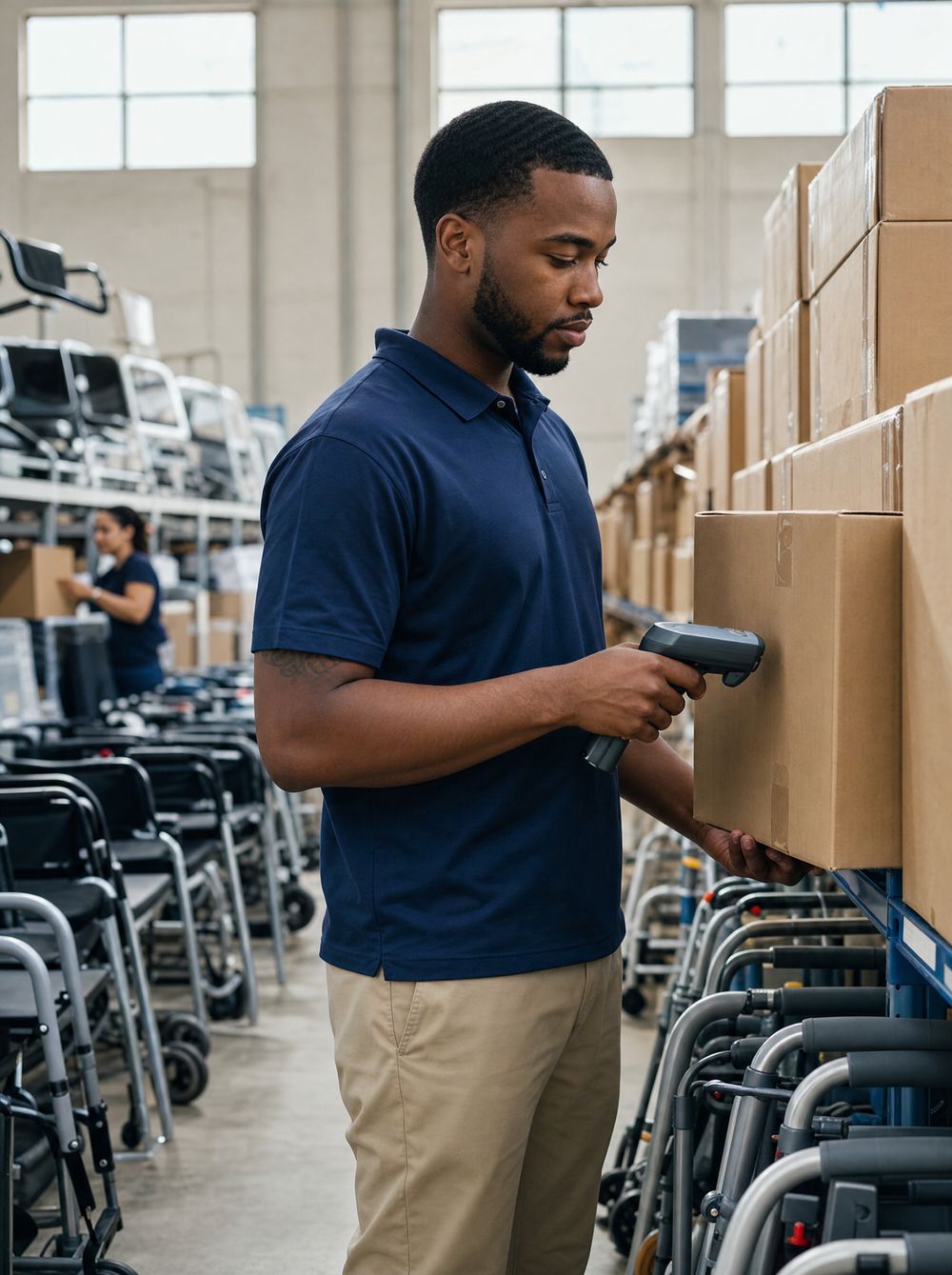 A warehouse team member scanning boxed medical equipment