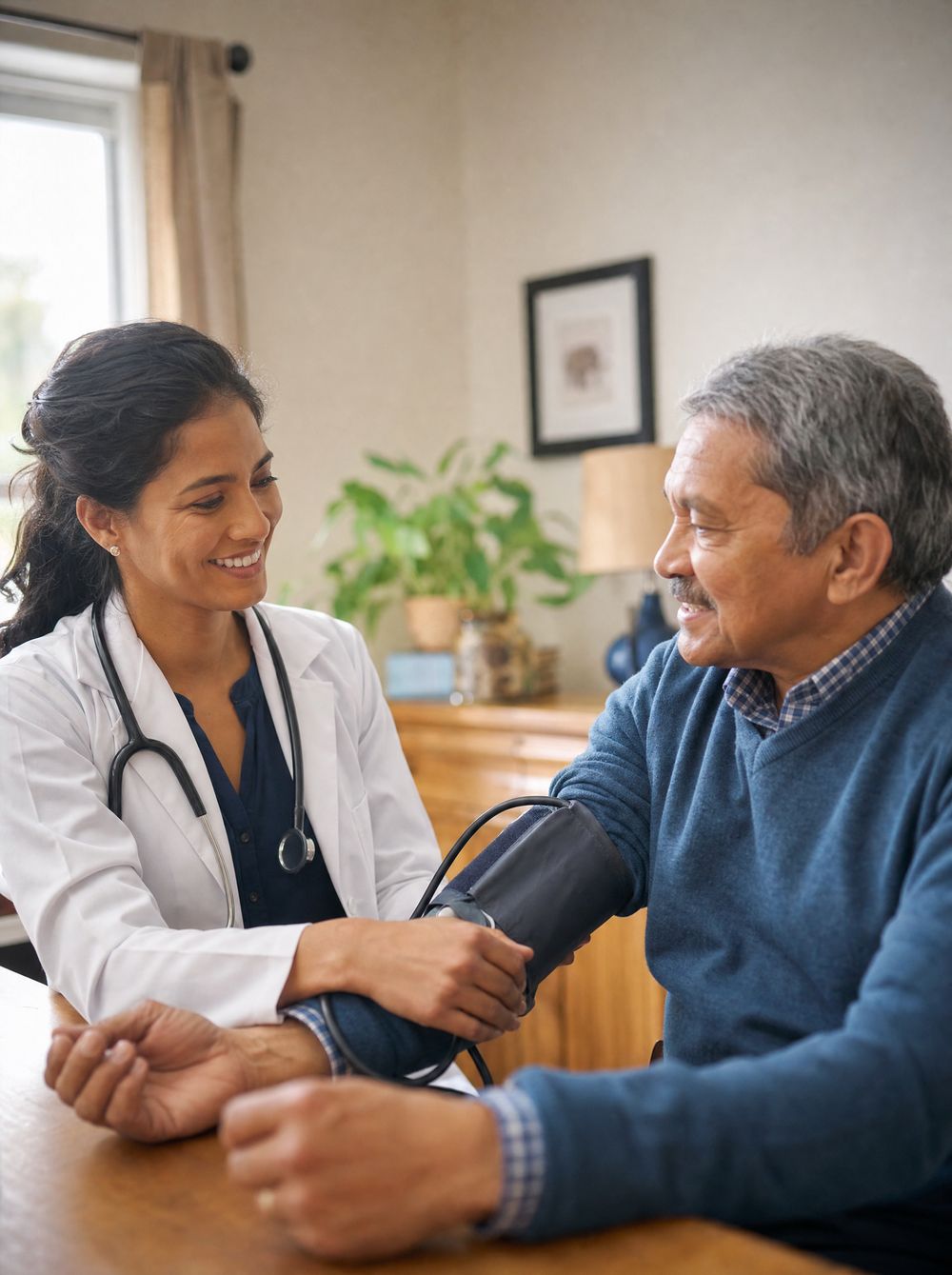 An internist checking an older patient\u2019s blood pressure