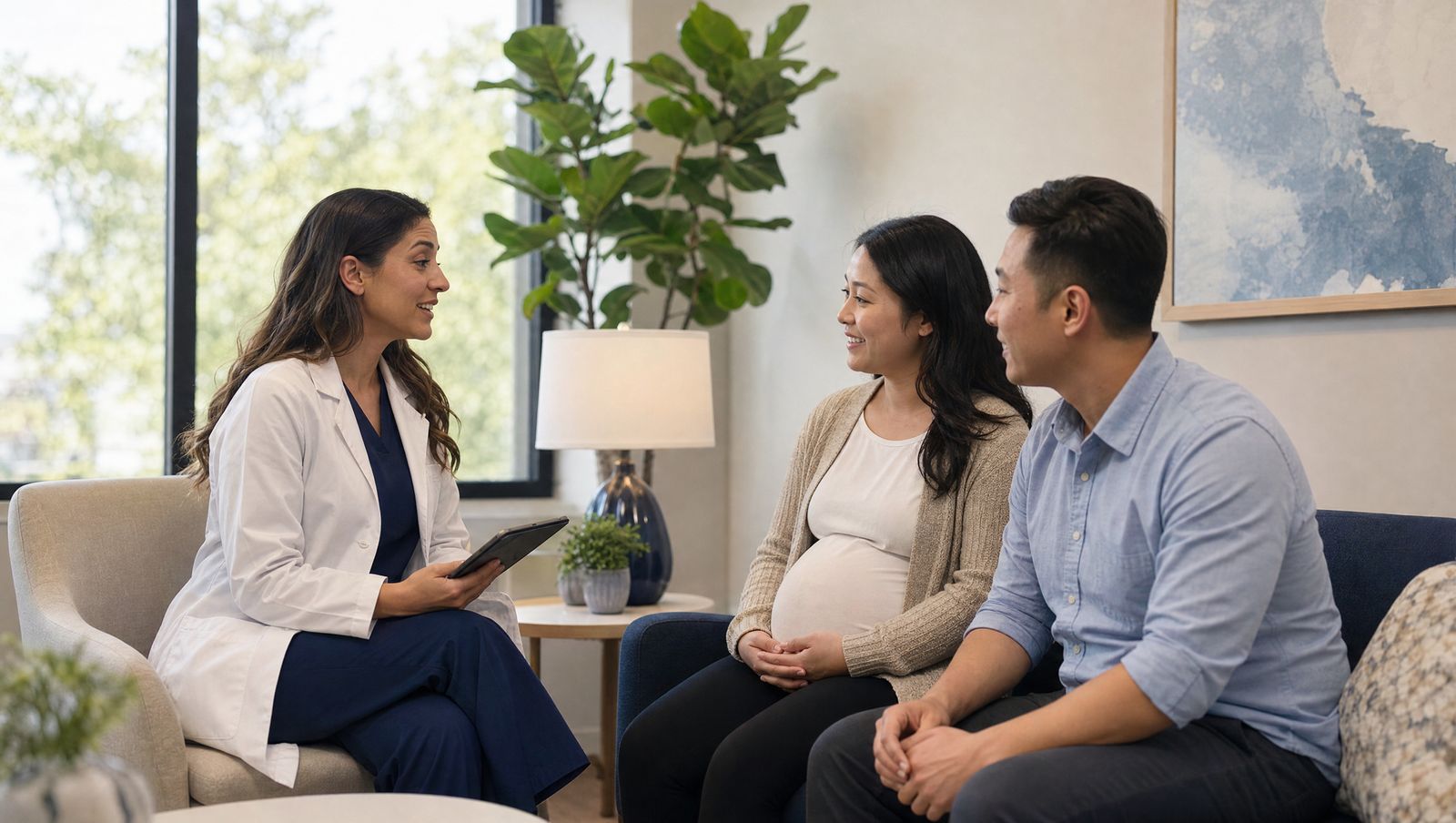 An OB/GYN talking with a pregnant patient and her partner