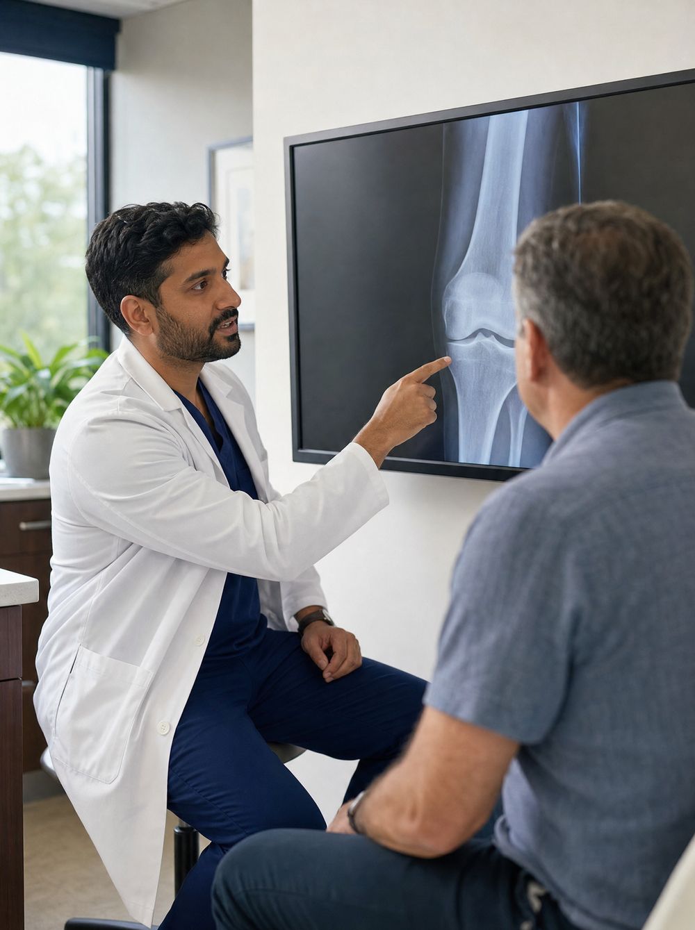 An orthopedic surgeon explaining a knee X-ray to a patient