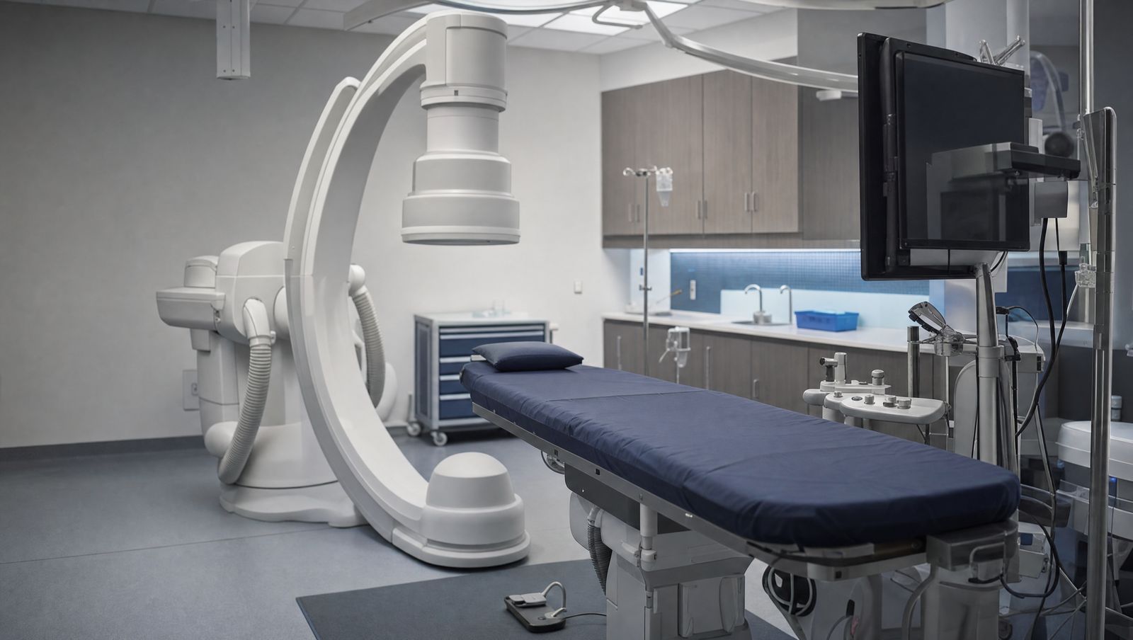 An interventional procedure room with a fluoroscopy C-arm