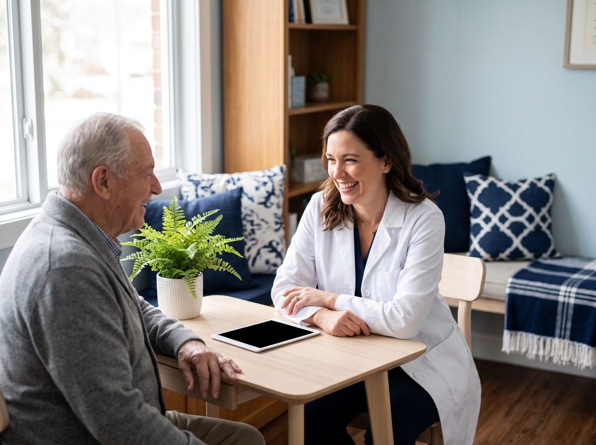 A physician talking with an older patient in a consultation room